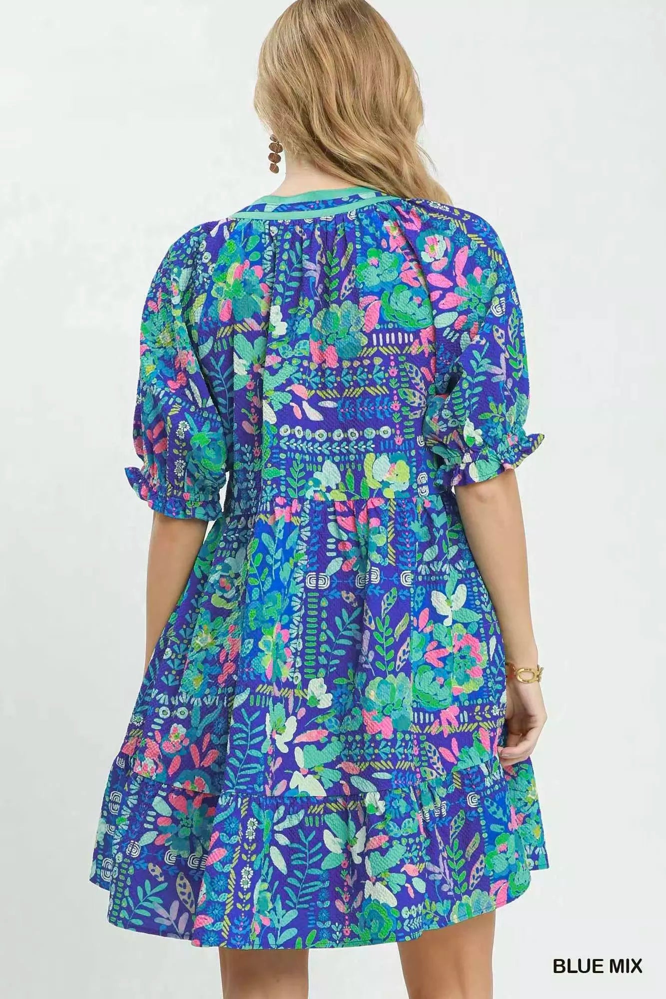 Umgee Mix Botanical Print Puff Sleeve Tiered Dress