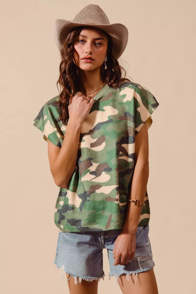 SO ME Camouflage Print Dolman Soft Sweater Top