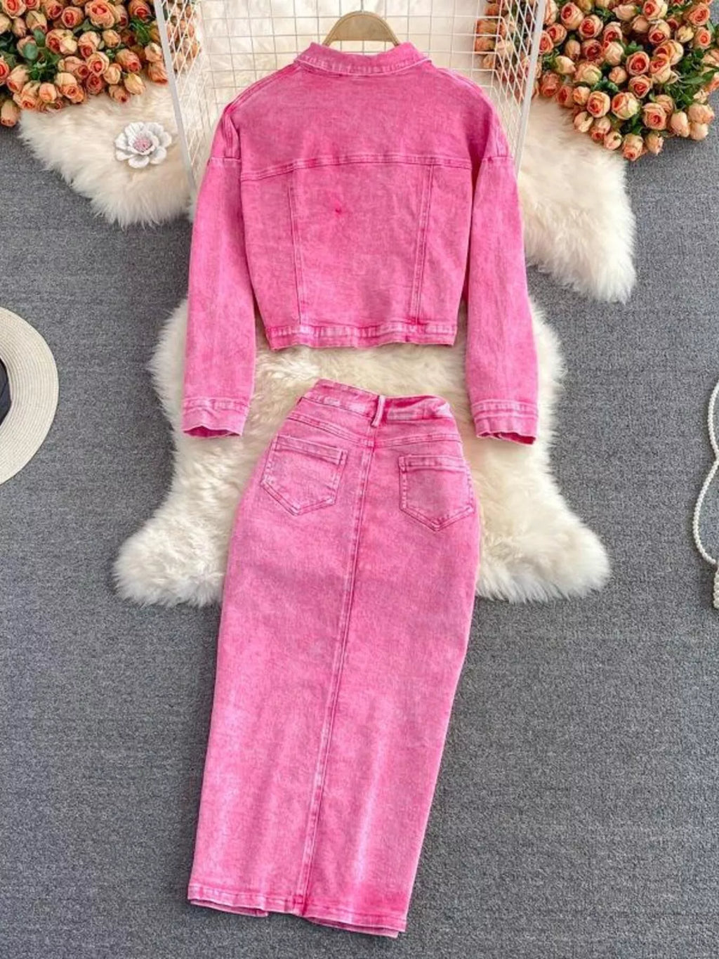 Button Up Jacket and Slit Skirt Denim Set