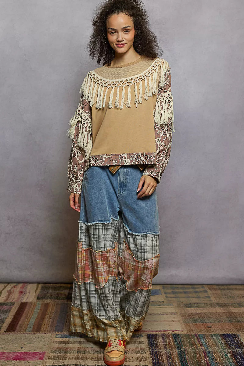 POL Contrast Floral Embroidery Balloon Sleeve Top with Tassel Trim