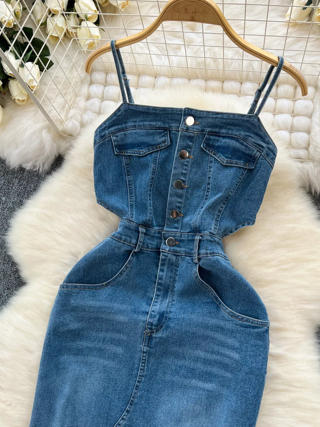 Sleeveless Frayed Hem Slit Denim Dress