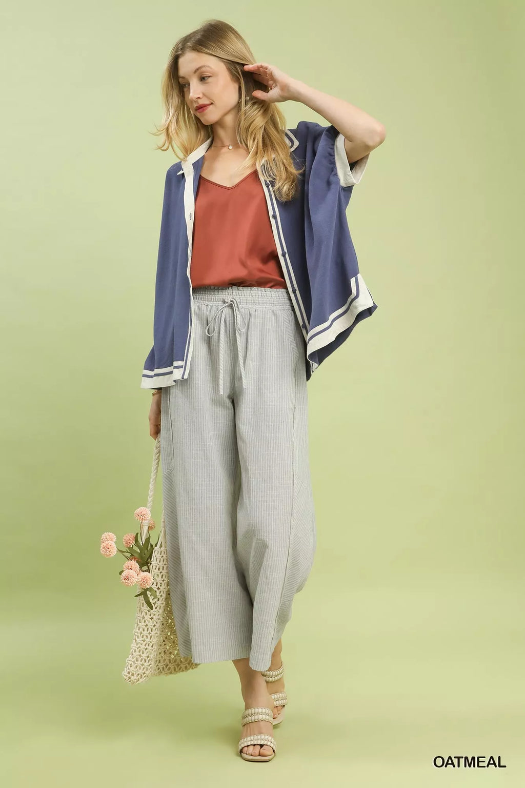 Umgee Linen Blend Striped Wide Leg Pants