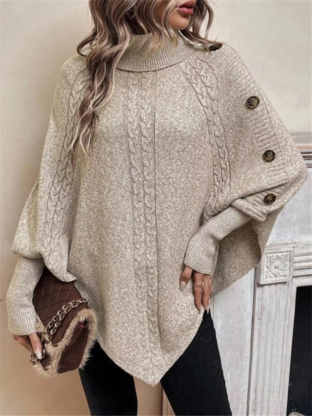 Cable Knit Turtleneck Cape Sweater