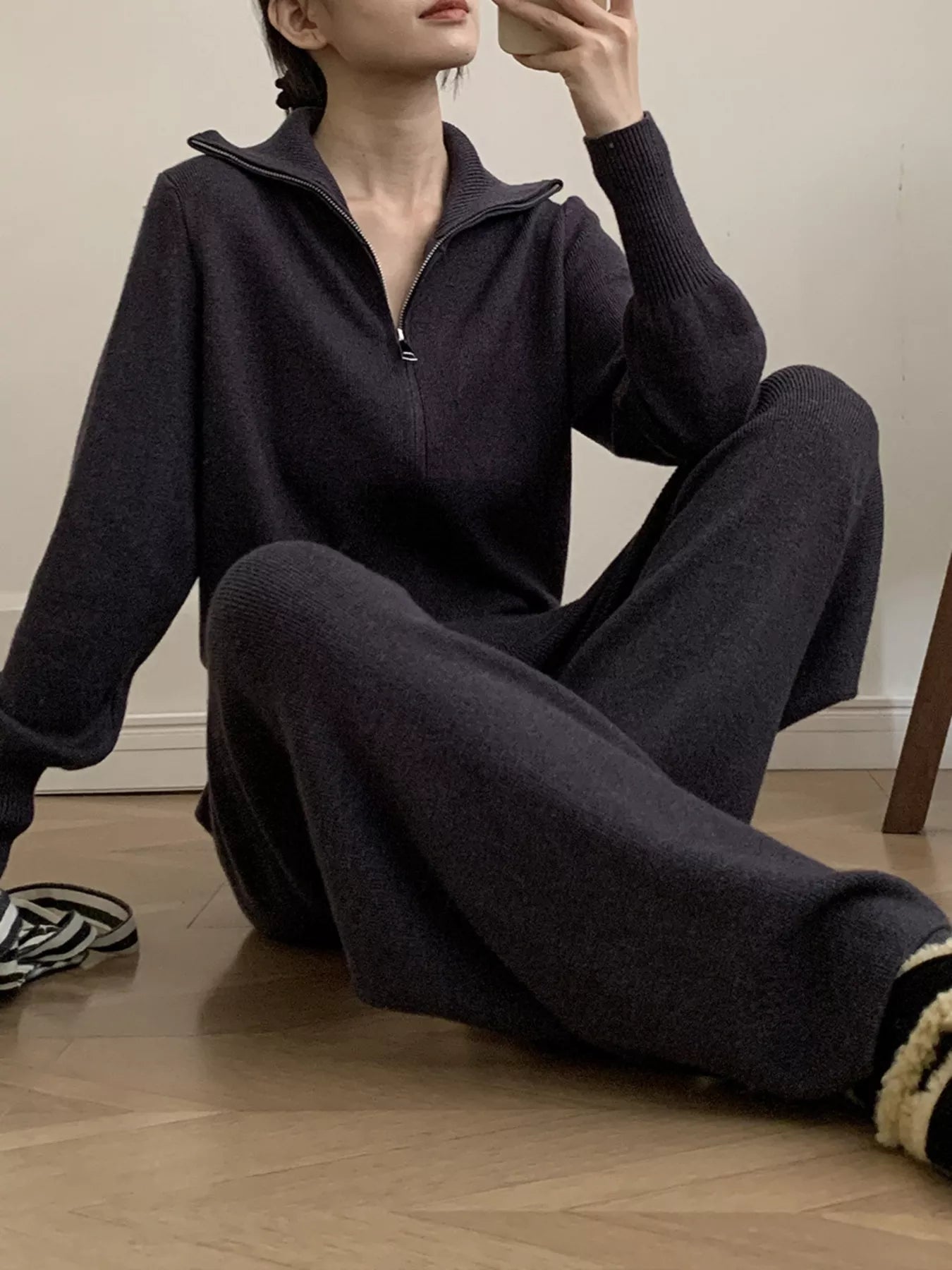 Zip Up Outerwear and Wide Leg Pants Set