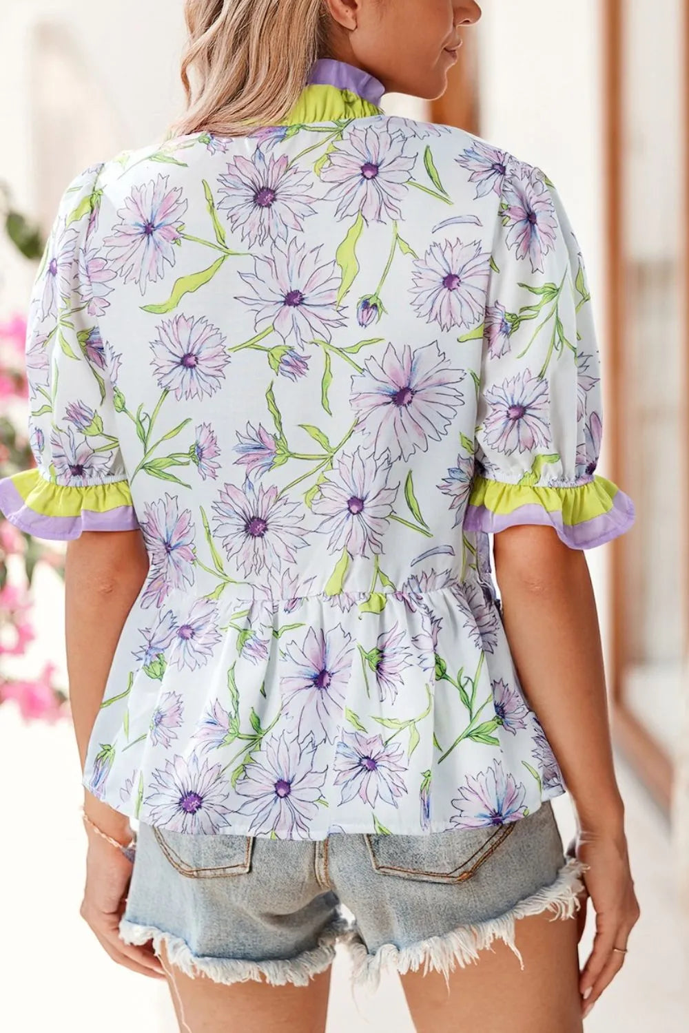 Floral Print Flounce Sleeve Peplum Blouse