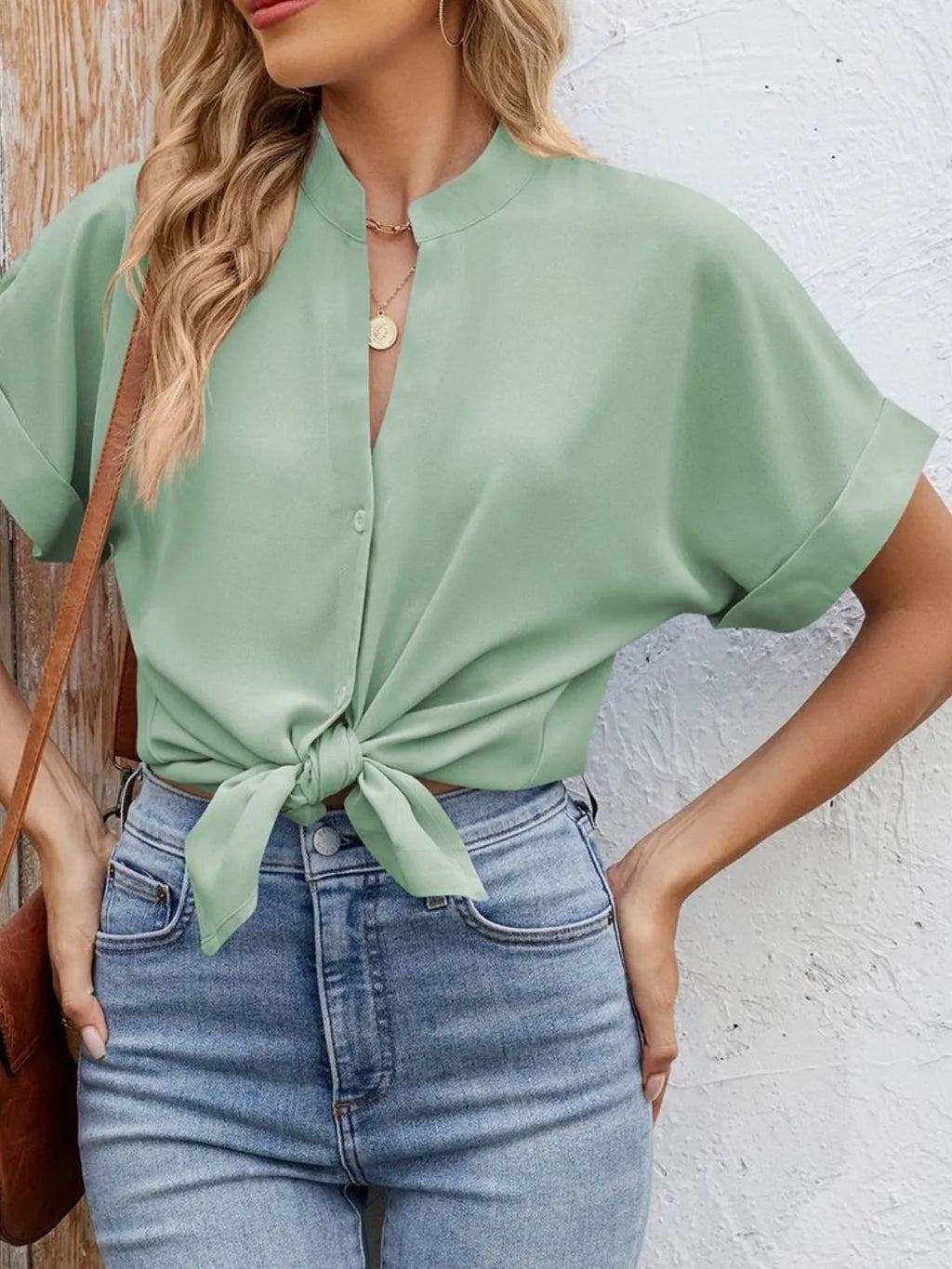 Notched Short Sleeve Blouse