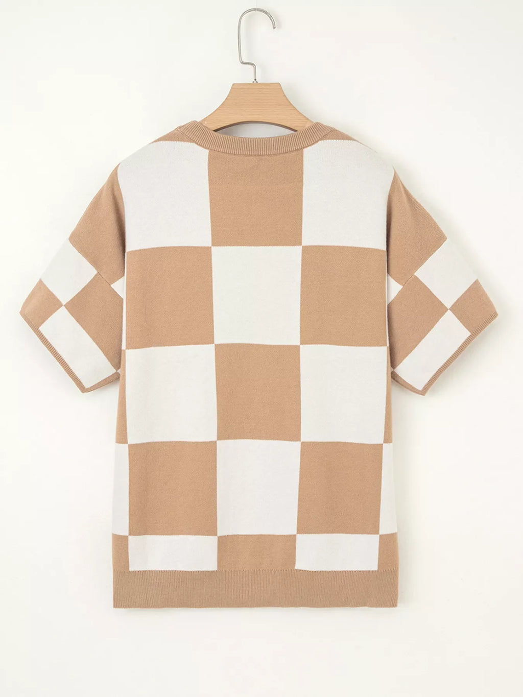 Checkered Pattern Loose Drop Shoulder Half Sleeve Sweater