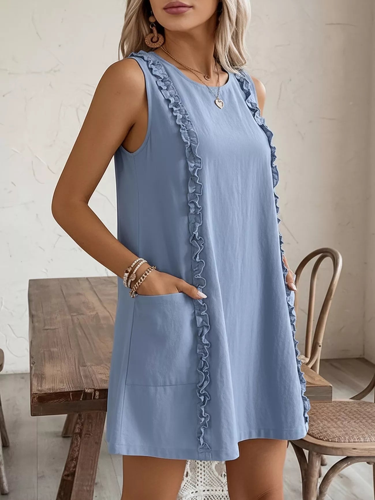 Frill Sleeveless Round Neck Dress