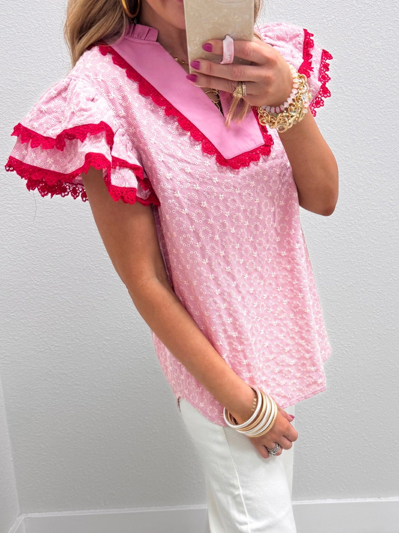 Eyelet Embroidered Flower Texture Contrast Lace Trim Flutter Sleeve Blouse
