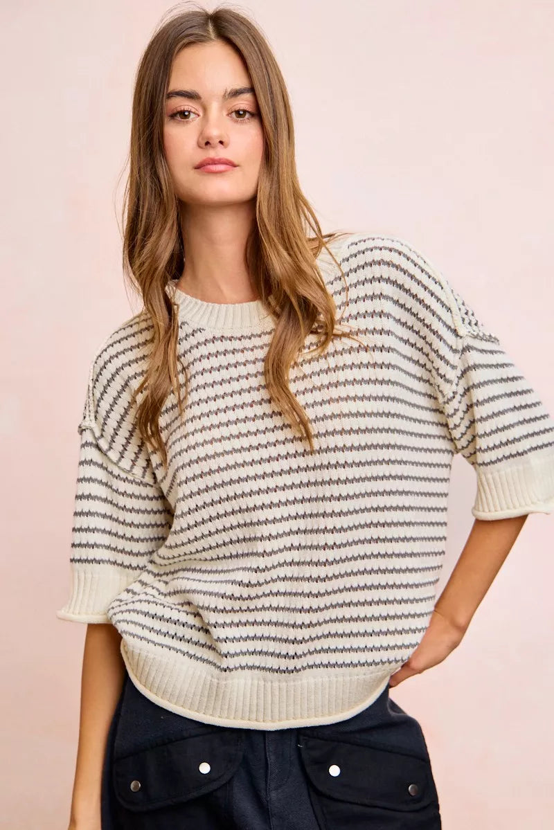 BiBi Stripes Short Sleeves Rib Banded Outseam Knit Top
