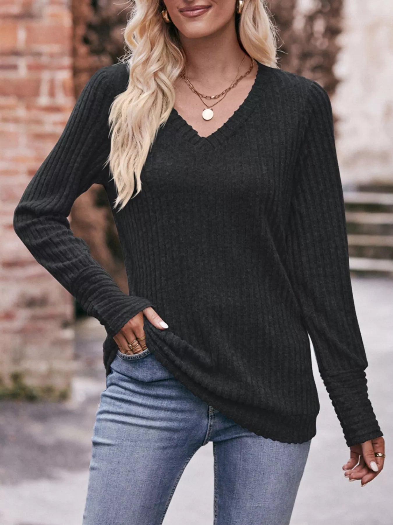V-Neck Ribbed Knit Long Sleeve T-Shirt