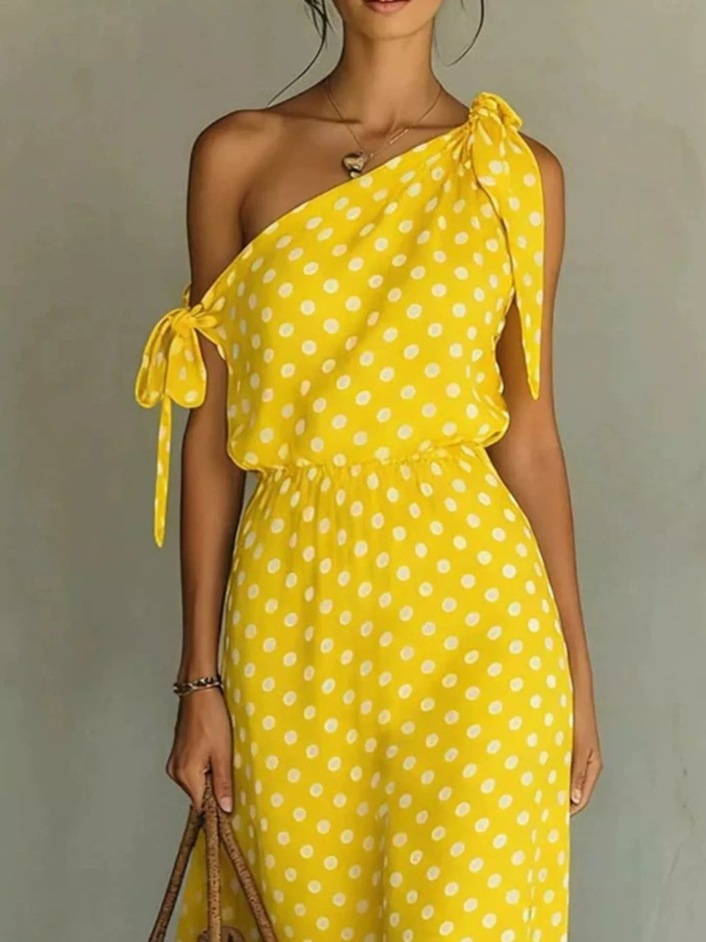 Full Size Polka Dot One-Shoulder Maxi Dress with Tie Details Plus Size