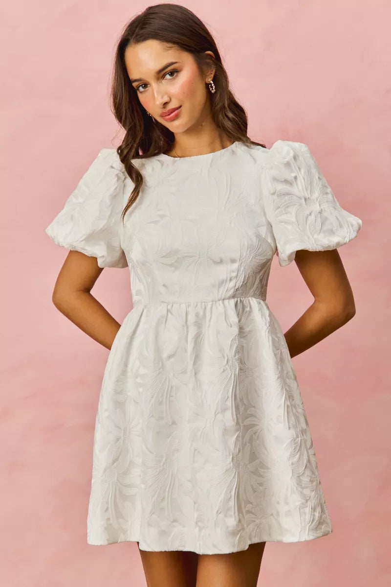 SO ME Floral Jacquard Bubble Shorts Sleeves Mini Dress