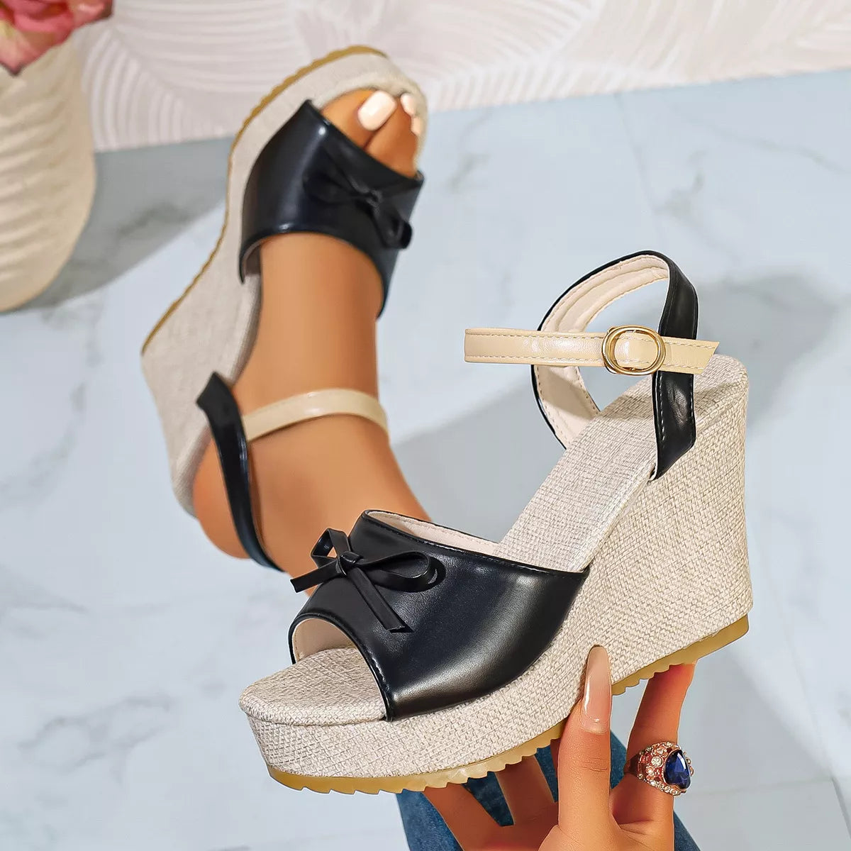 Bow Peep Toe Wedge Sandals
