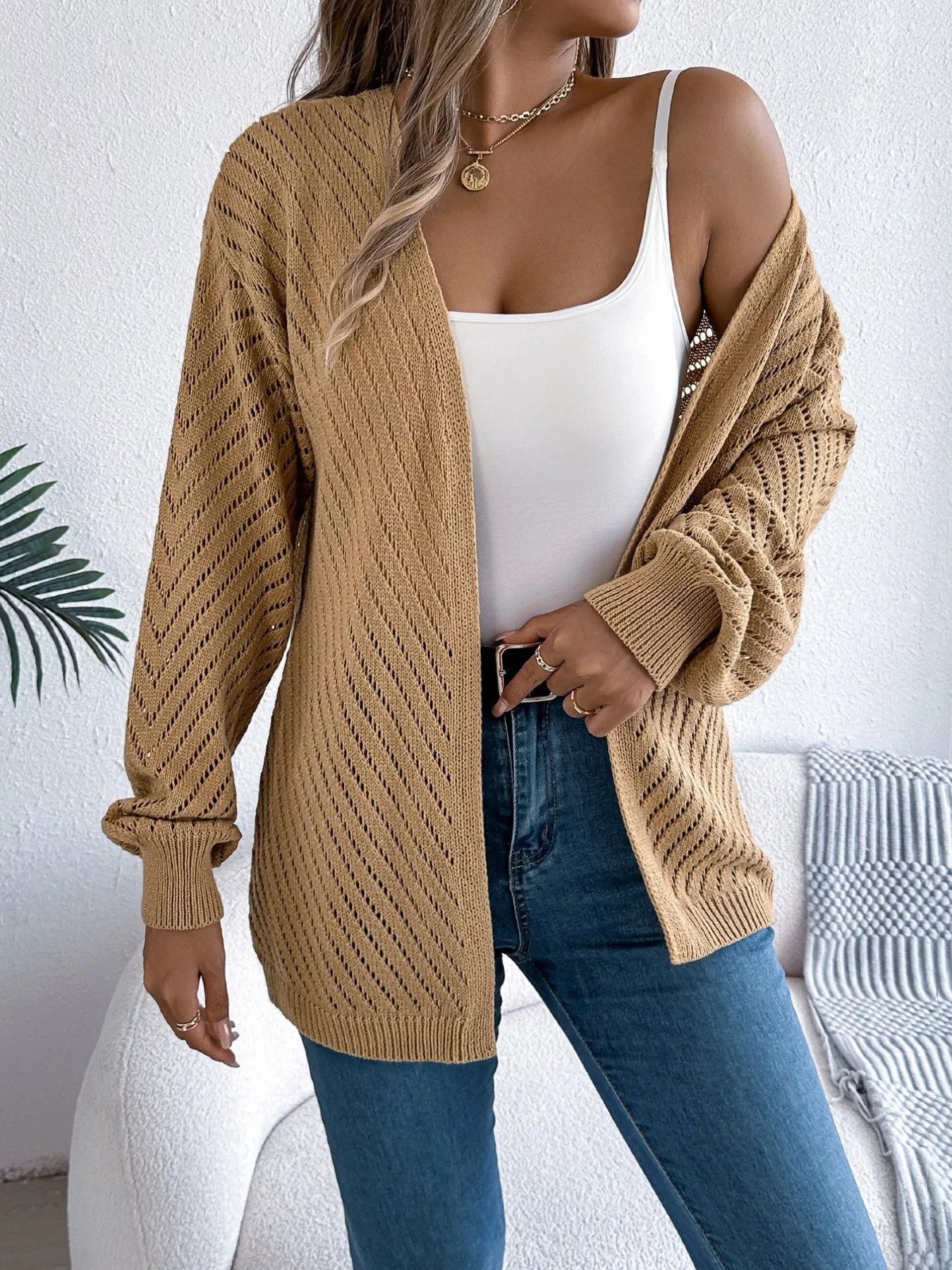 Openwork Open-Front Long Sleeve Cardigan