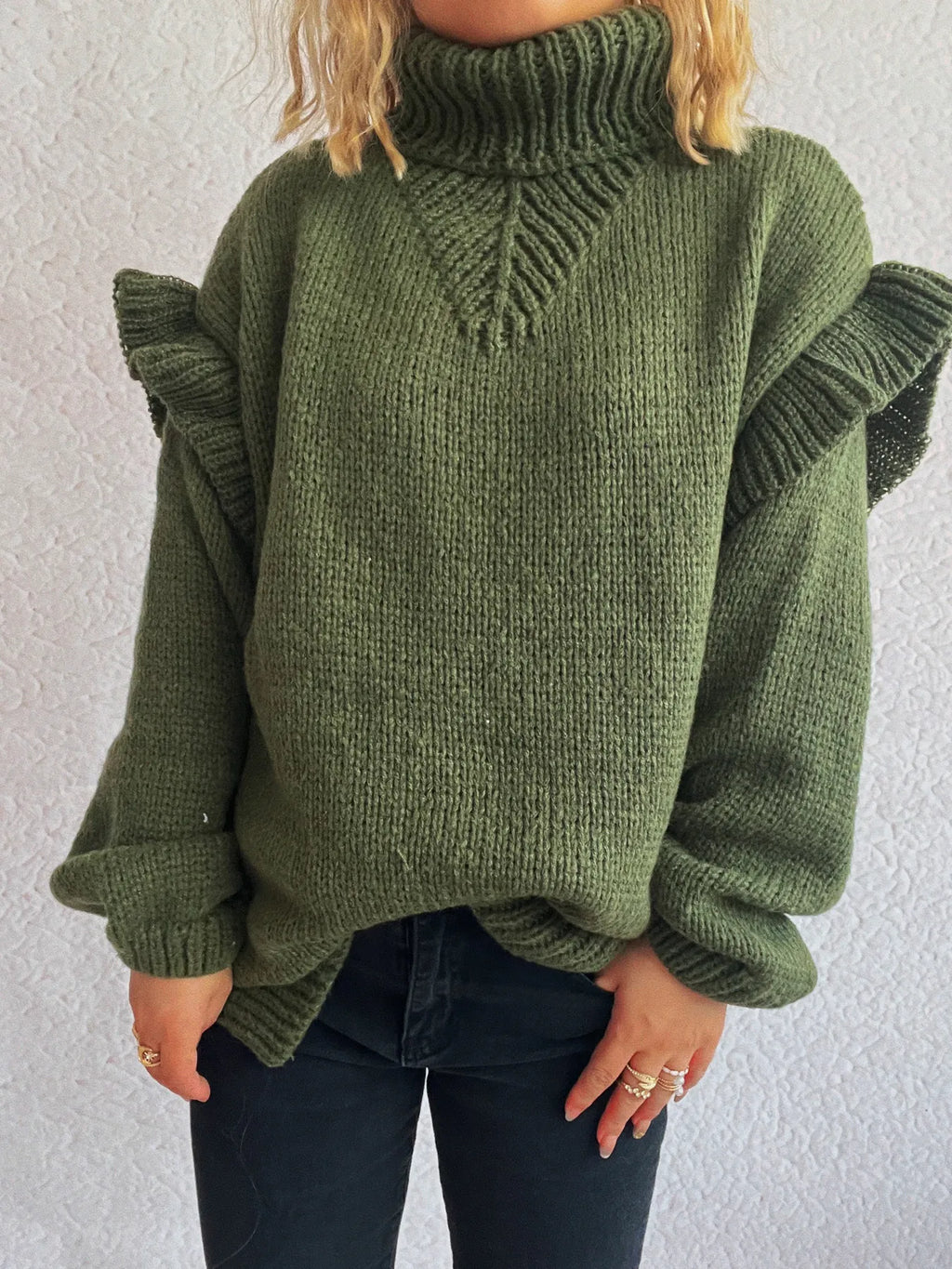 Ruffled Turtleneck Long Sleeve Sweater