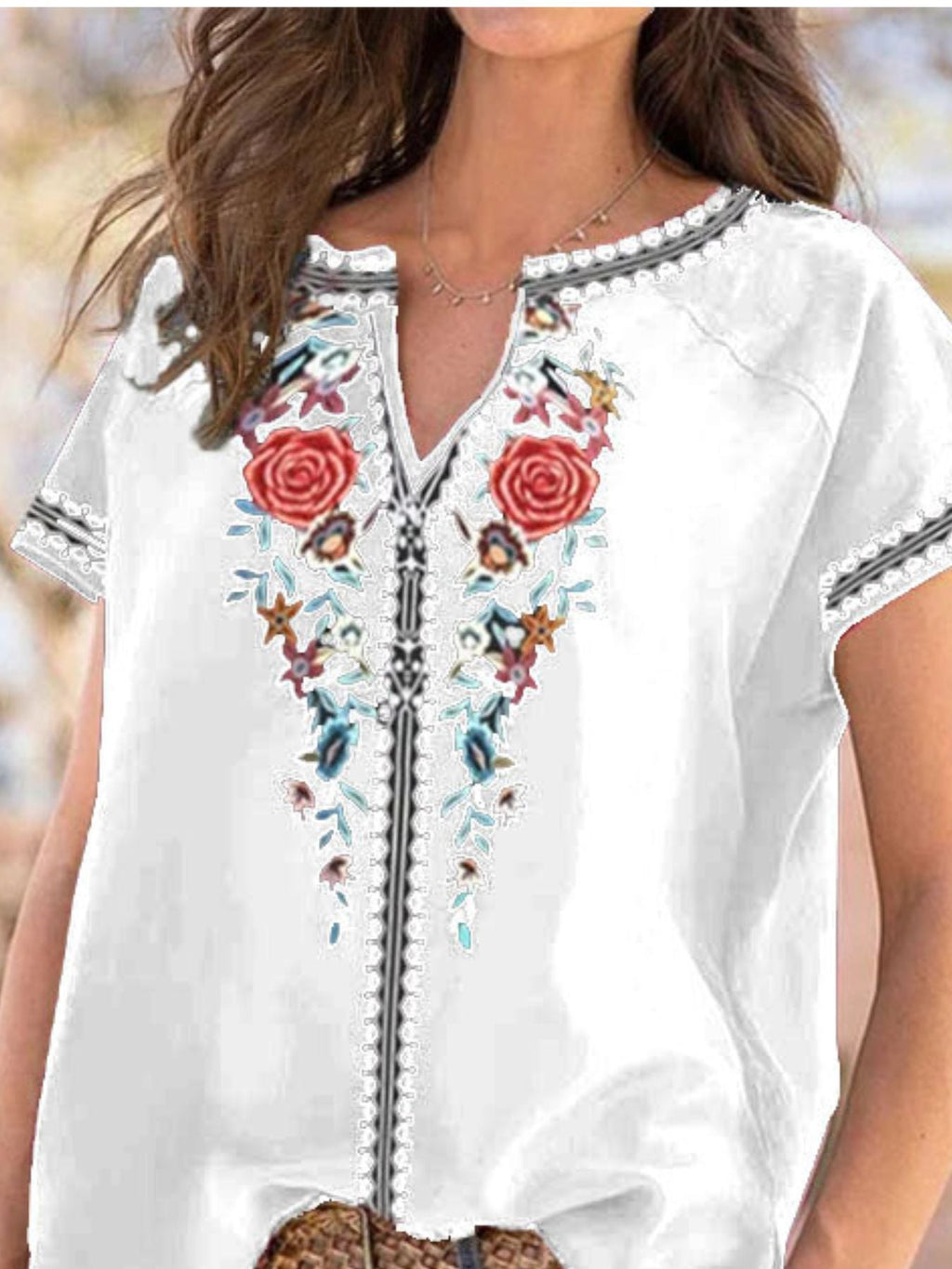 Full Size Floral Notched Short Sleeve Blouse Plus Size