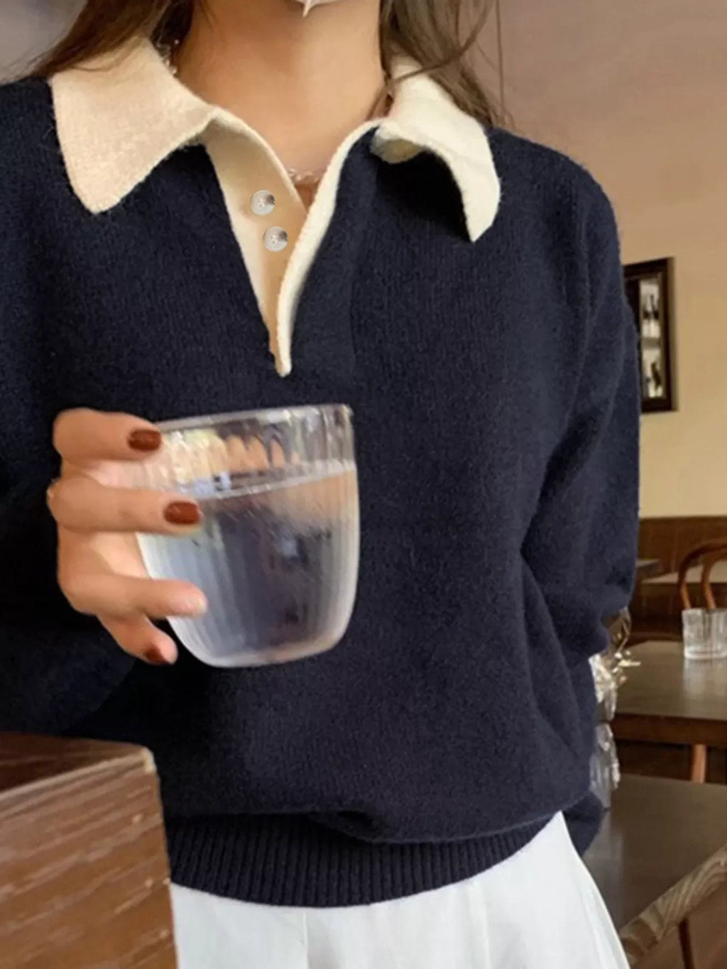 Polo Collar Dropped Shoulder Sweater
