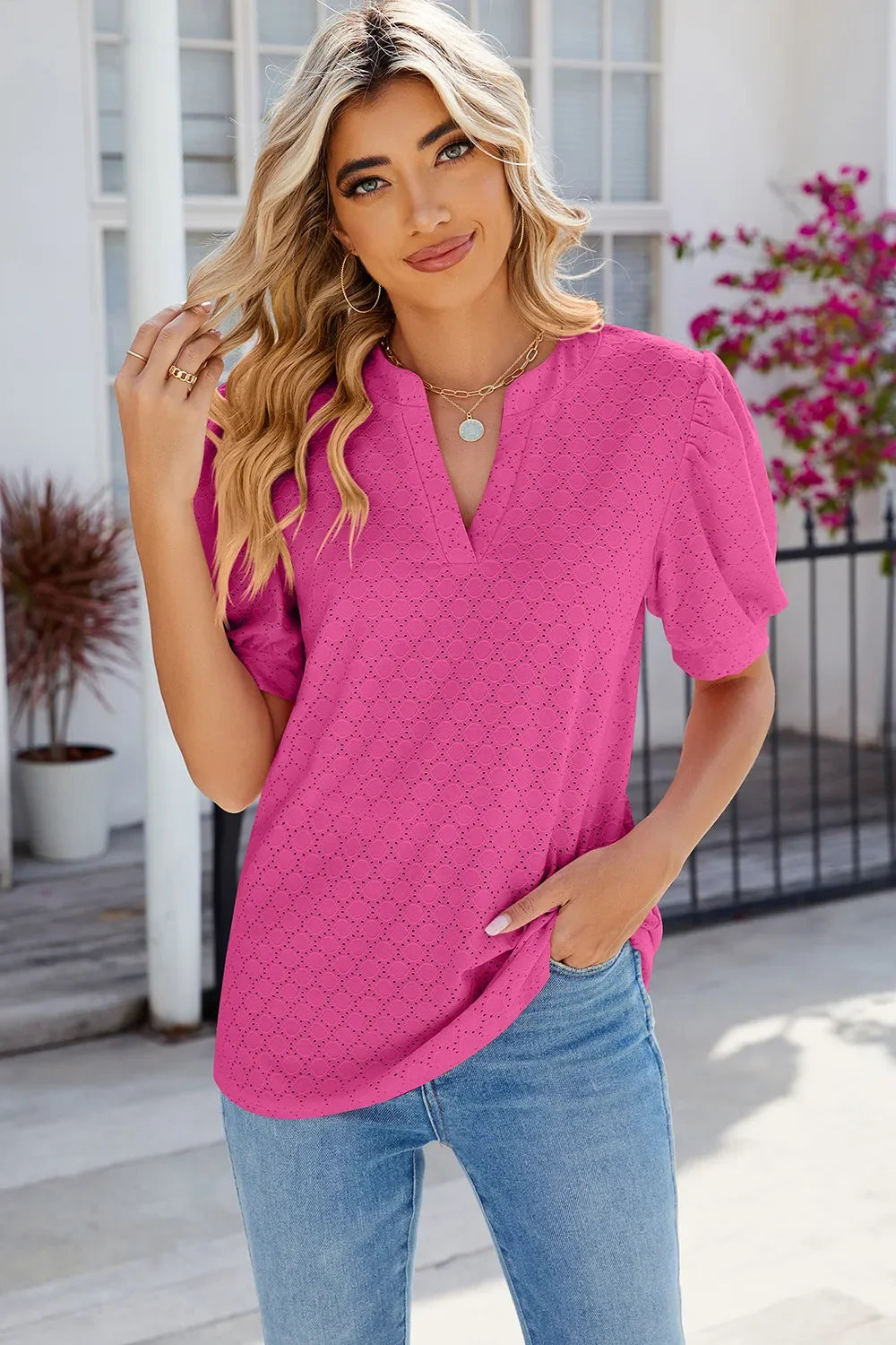 Eyelet Notched Puff Sleeve T-Shirt