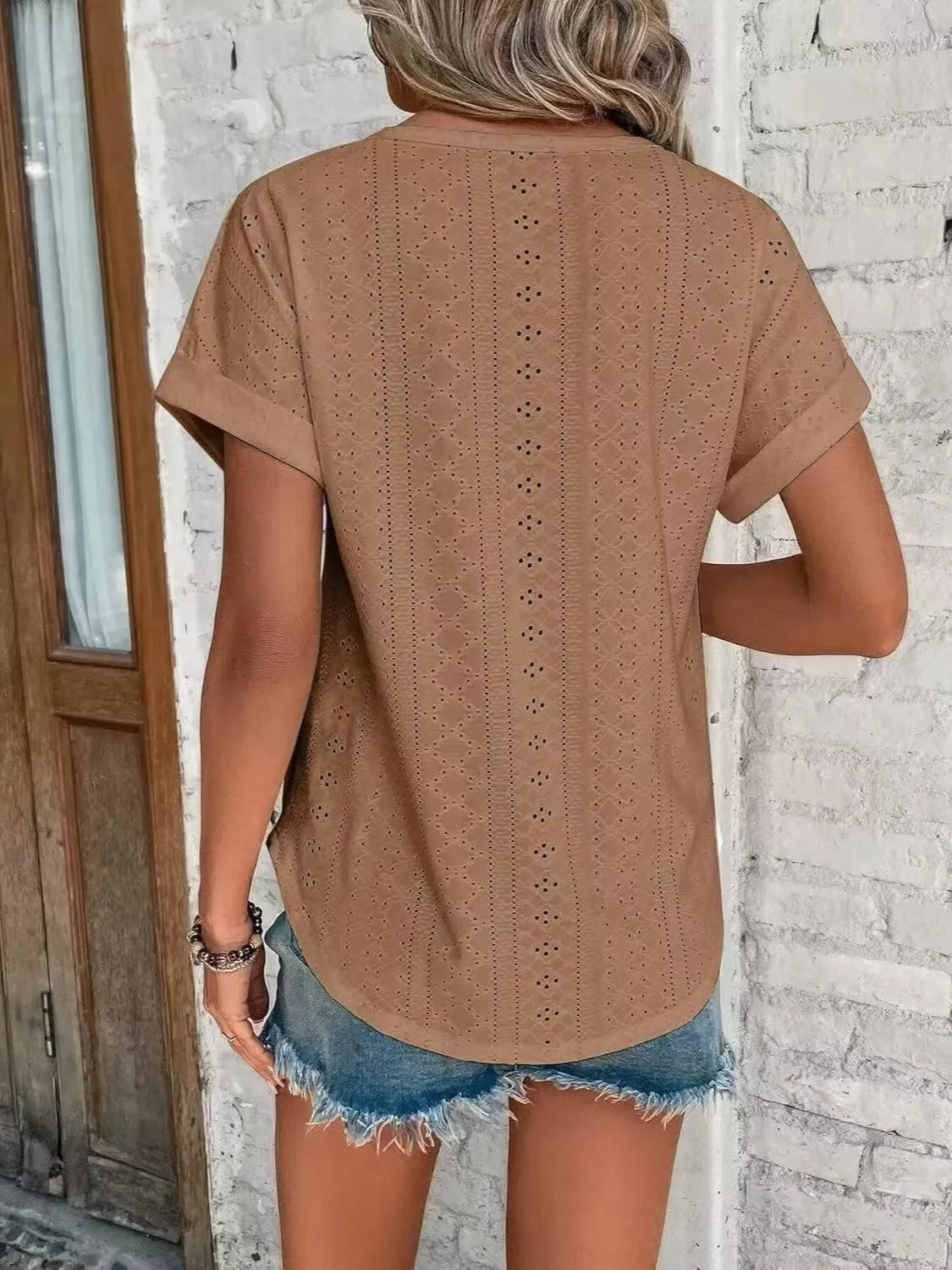 Eyelet Round Neck Short Sleeve Top