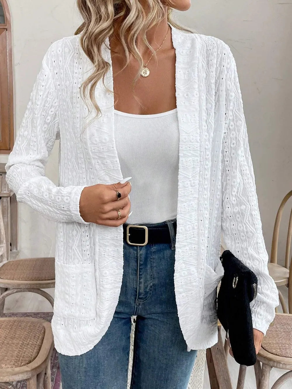 Pocketed Eyelet Open Front Cover Up