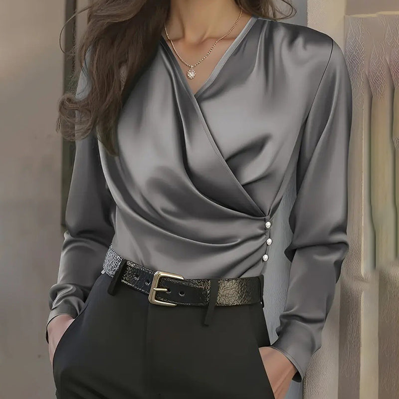 Women's Elegant Cross V-Neck Blouse, Ruffle Detail Button Accent Office Shirt