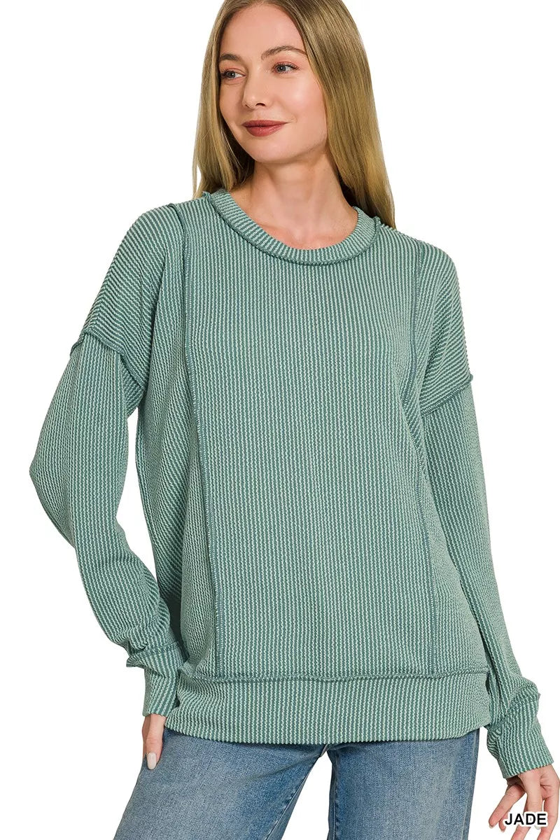Zenana Corded Rib Long Sleeve Round Neck Top