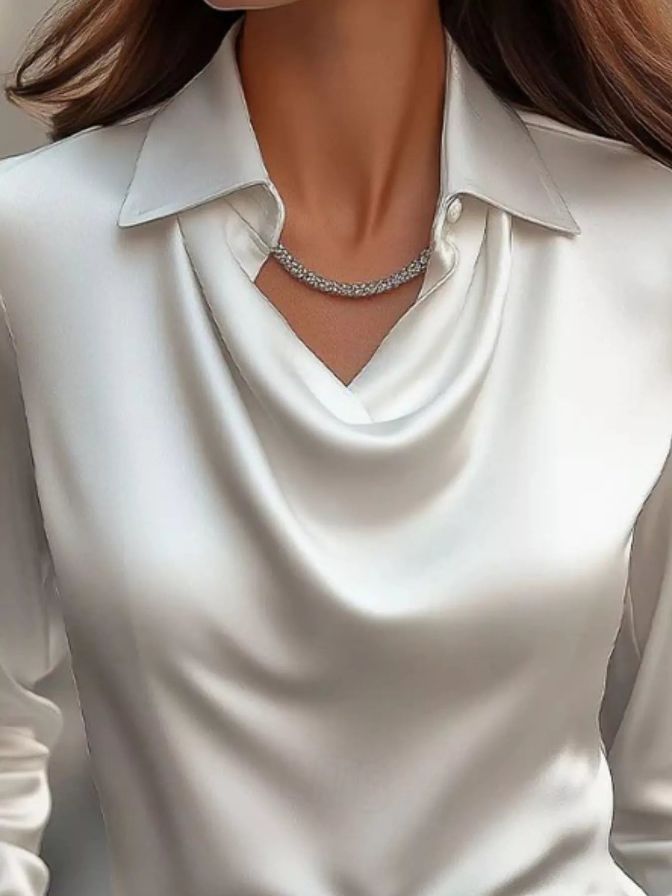 Ruched Long Sleeve Drape Collar Blouse