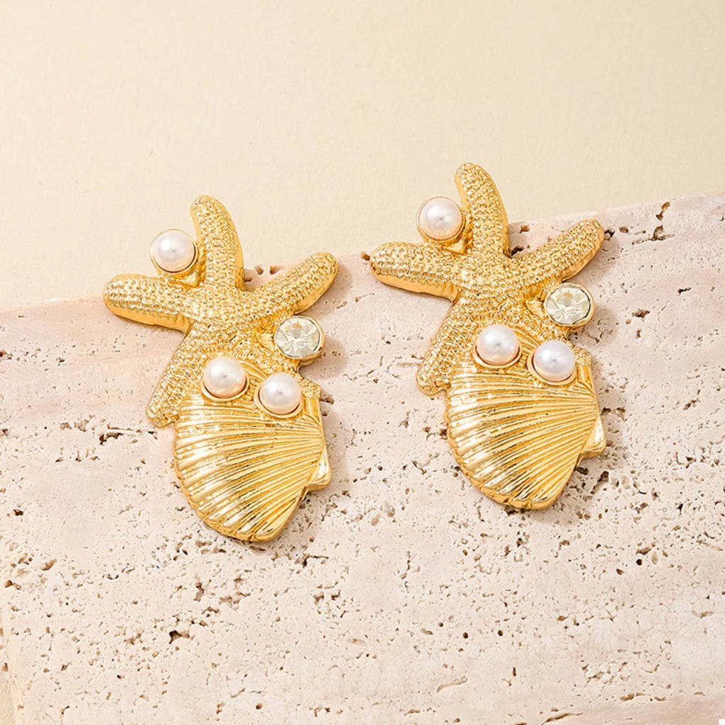Ocean Starfish Shell Synthetic Pearl Drop Earrings