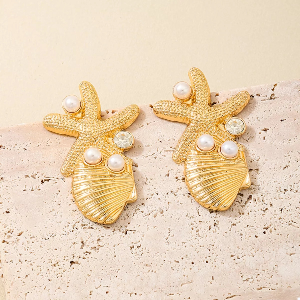 Ocean Starfish Shell Synthetic Pearl Drop Earrings