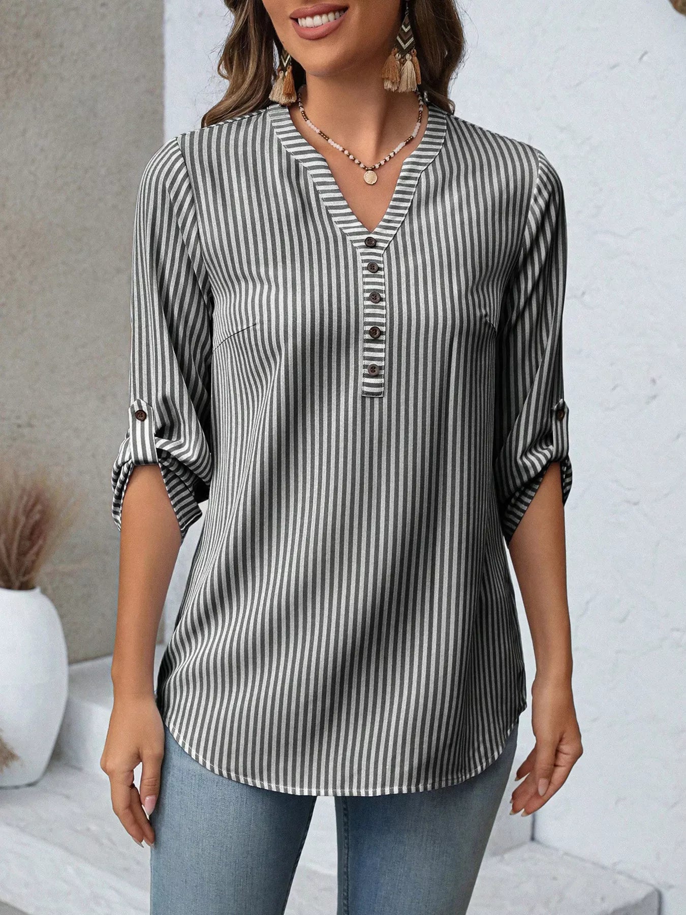 Striped V-Neck Roll-Up Sleeve Blouse
