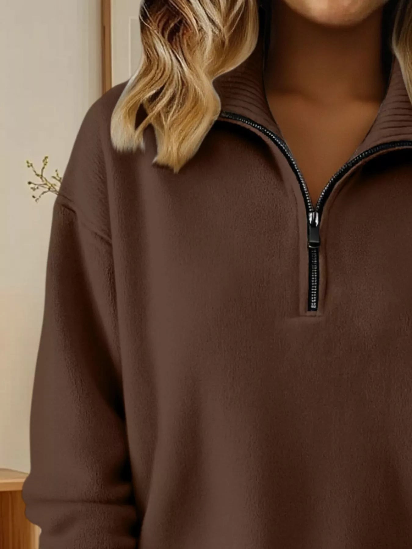 Full Size Half Zip Dropped Shoulder Sweater Plus Size