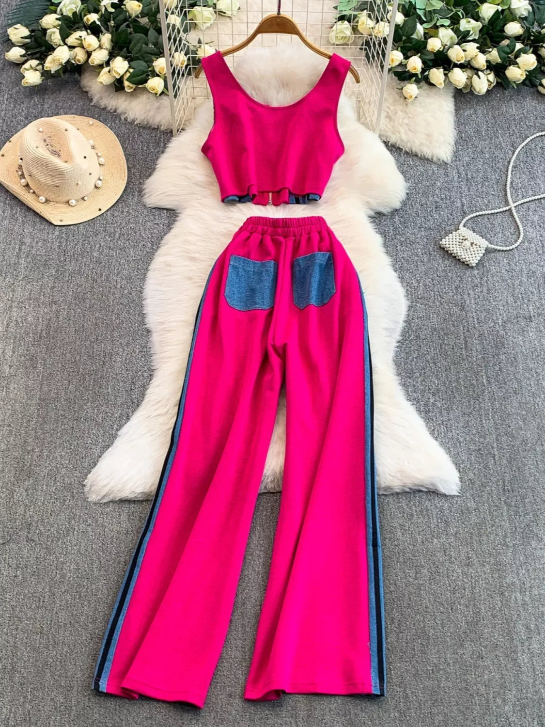 Zip Front Contrast Tank and Side Striped Pants Set