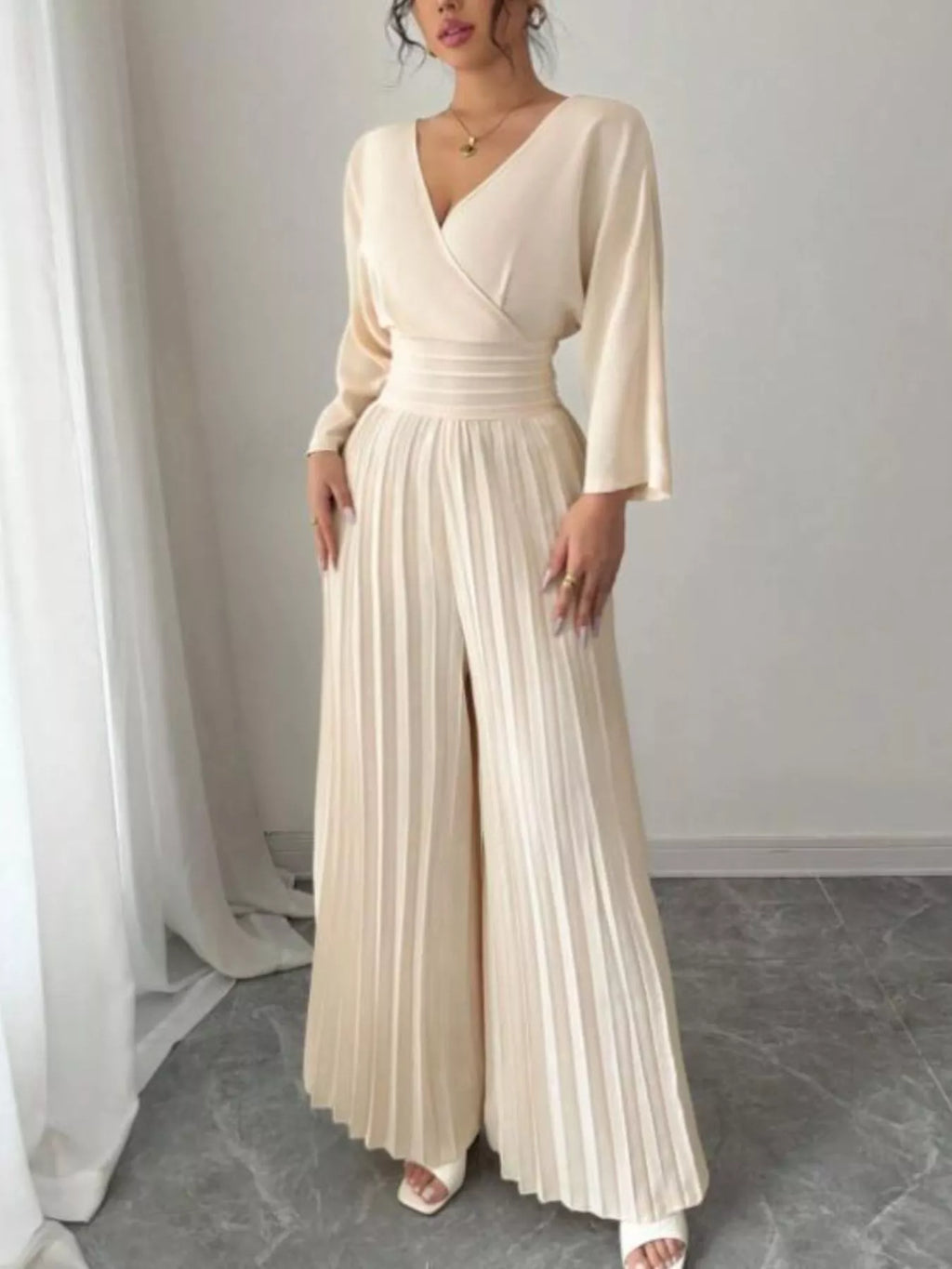 Surplice Pleated Wide Leg Jumpsuit