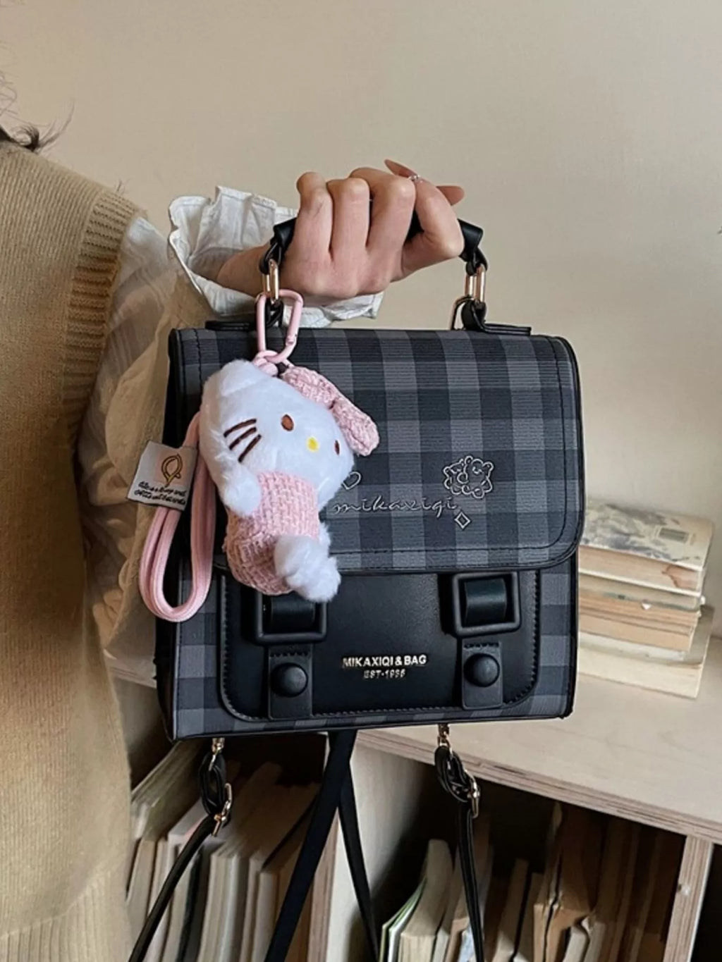 Plaid Pattern Embroidered Flap Backpack Bag