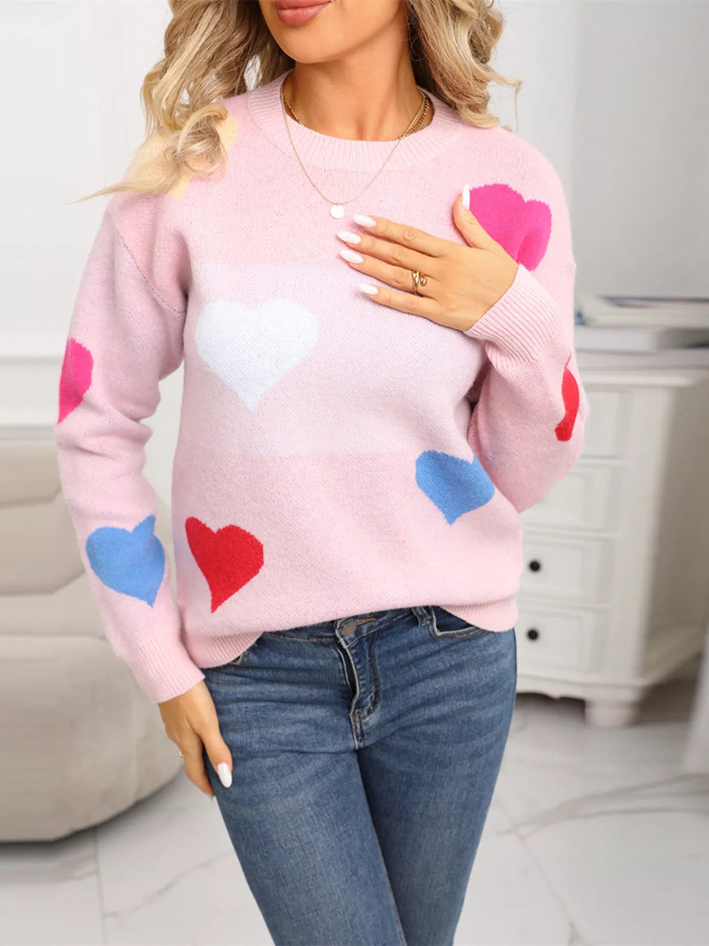 Valentine's Day Heart Round Neck Dropped Shoulder Sweater