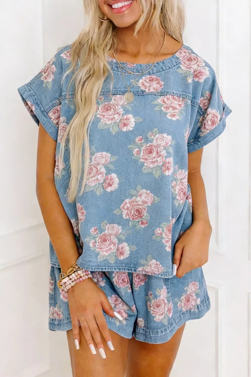 Floral Print Top and Shorts Denim Set