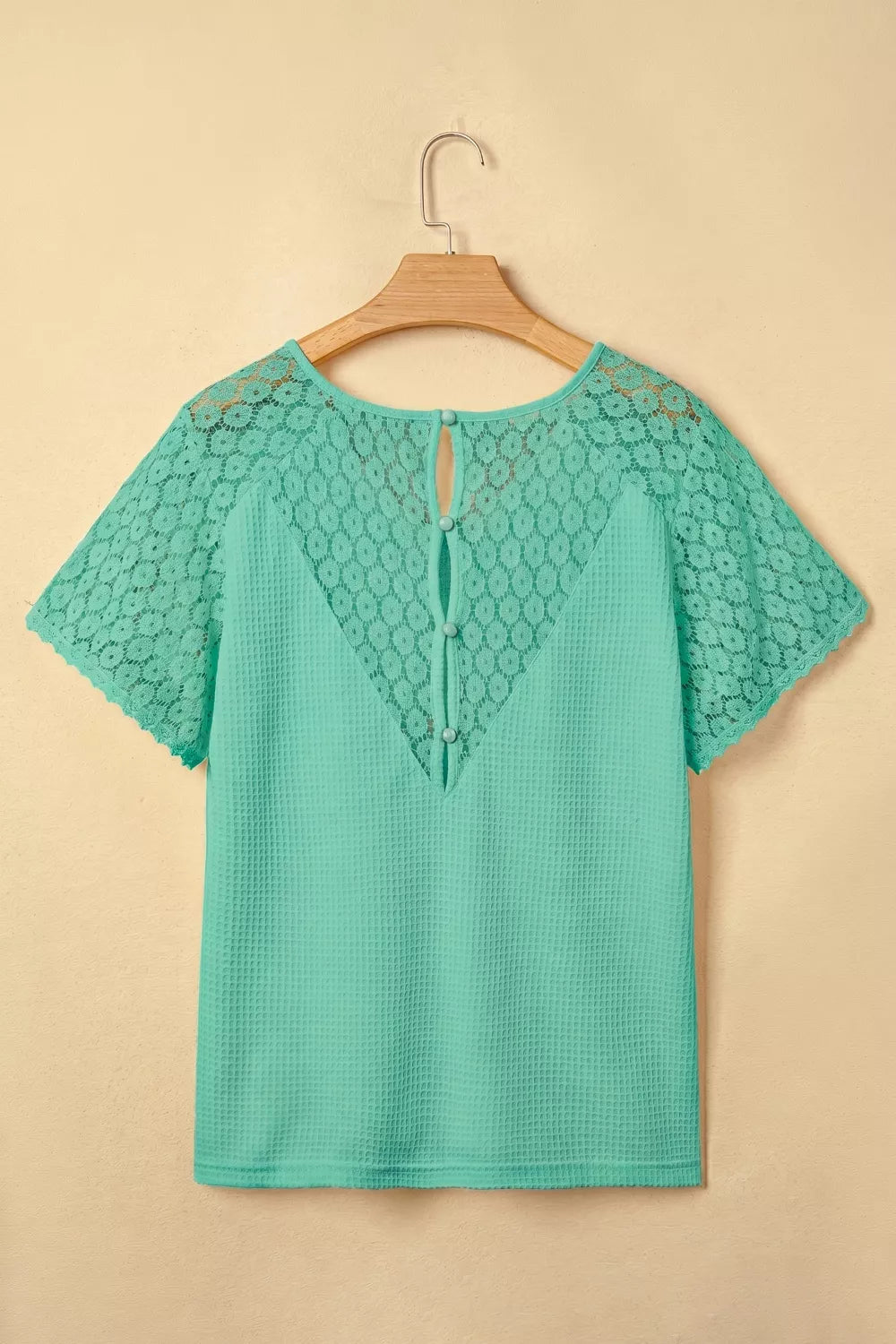 Lace Splicing Button Cutout V Neck Waffle Knit Blouse