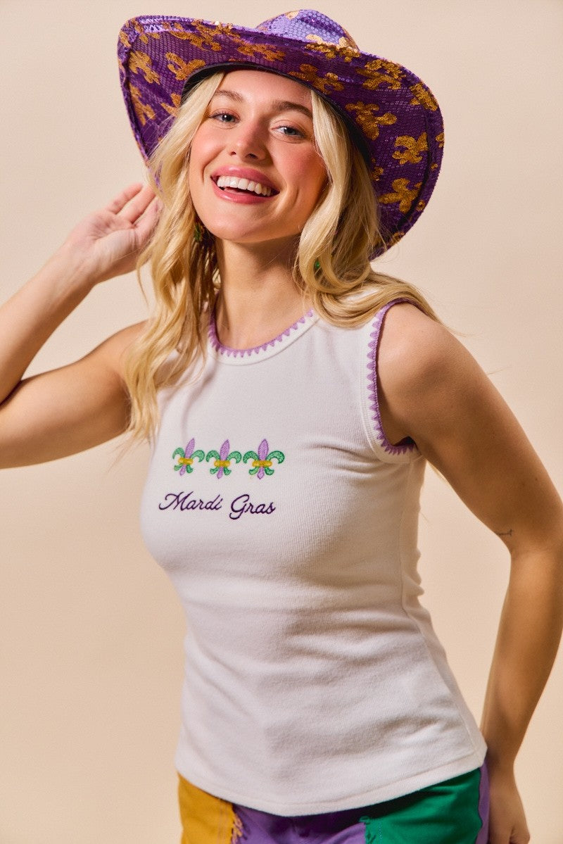 SO ME Mardi Gras Tank Top With Contrast Blanket Stitch