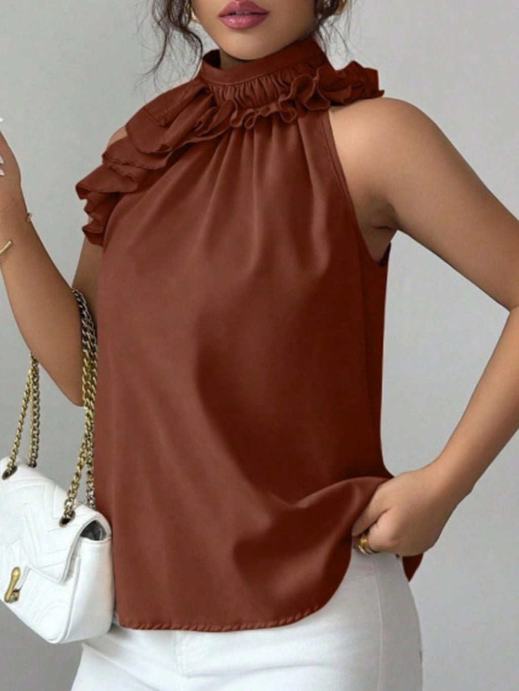 Ruffle High Neck Sleeveless Top