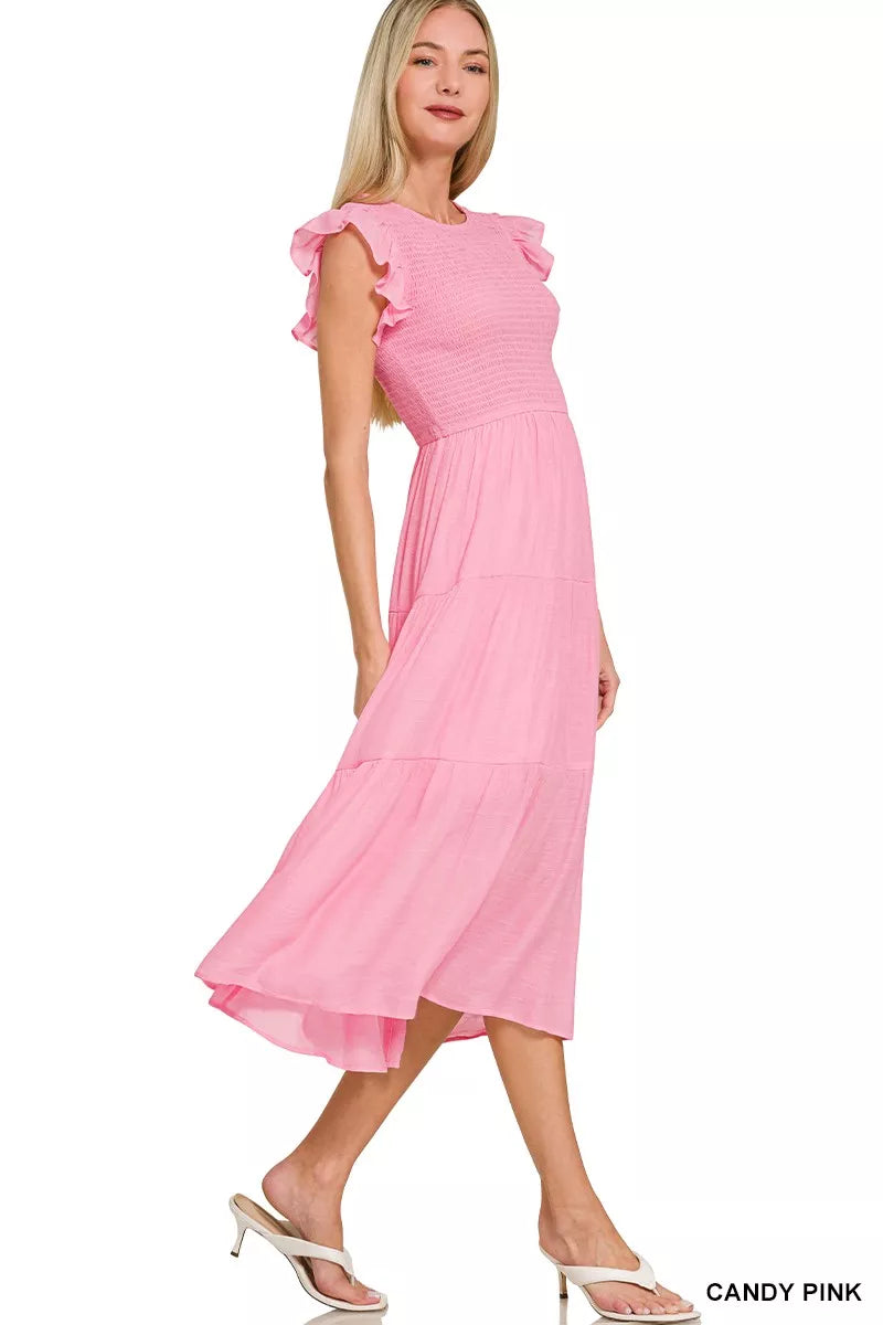 Zenana Woven Smocked Ruffle Sleeve Midi Dress