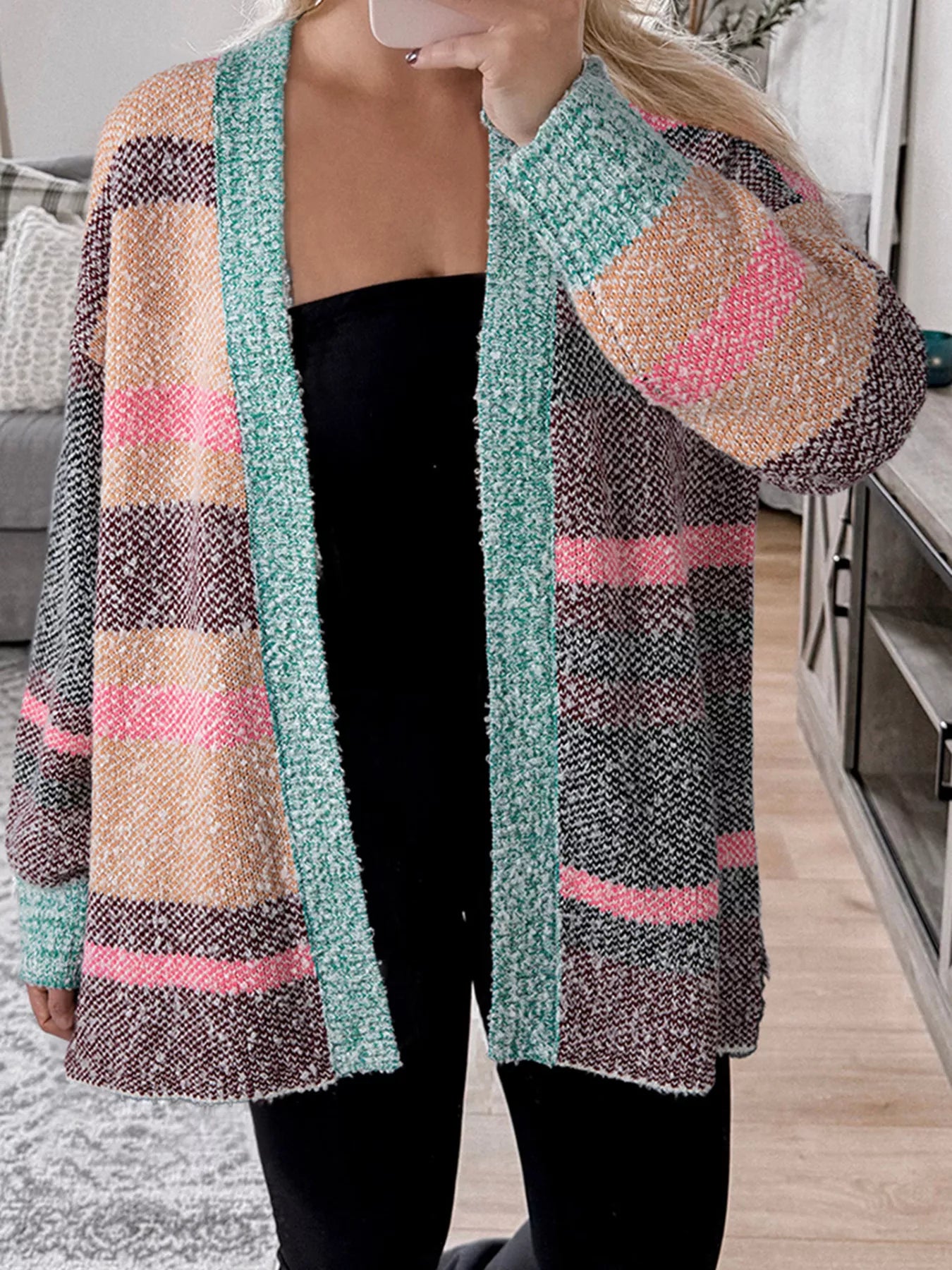 Color Block Striped Side Slit Open Front Cardigan