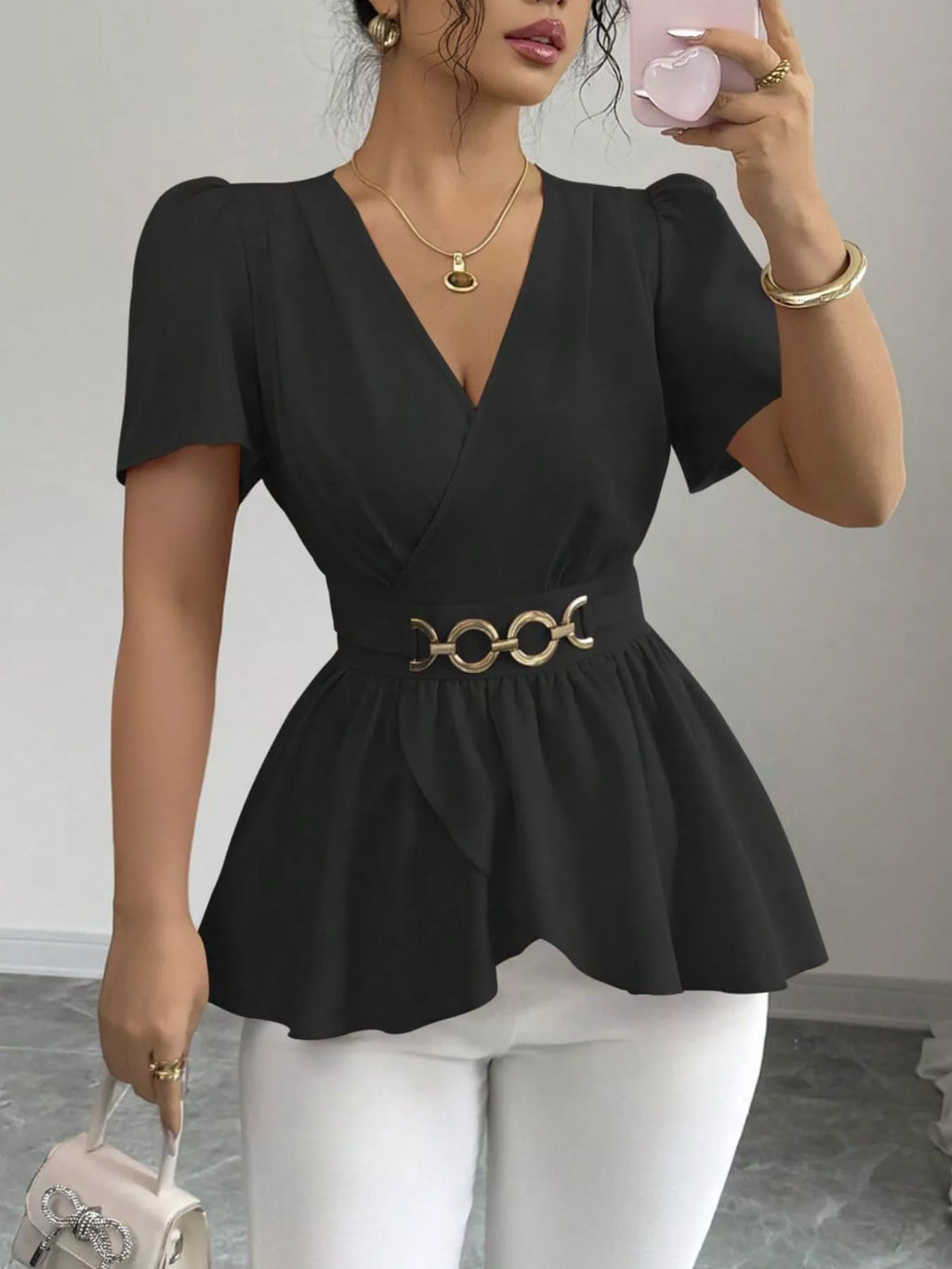 Surplice Short Sleeve Blouse