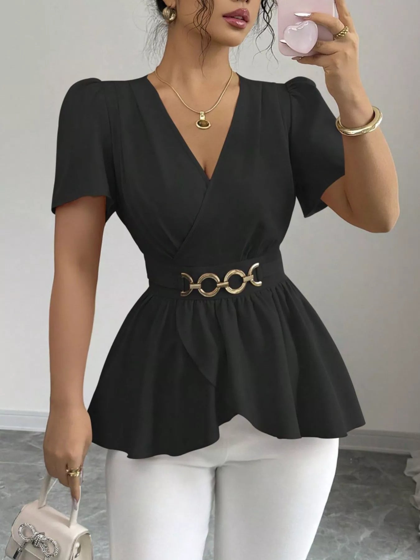 Surplice Short Sleeve Blouse