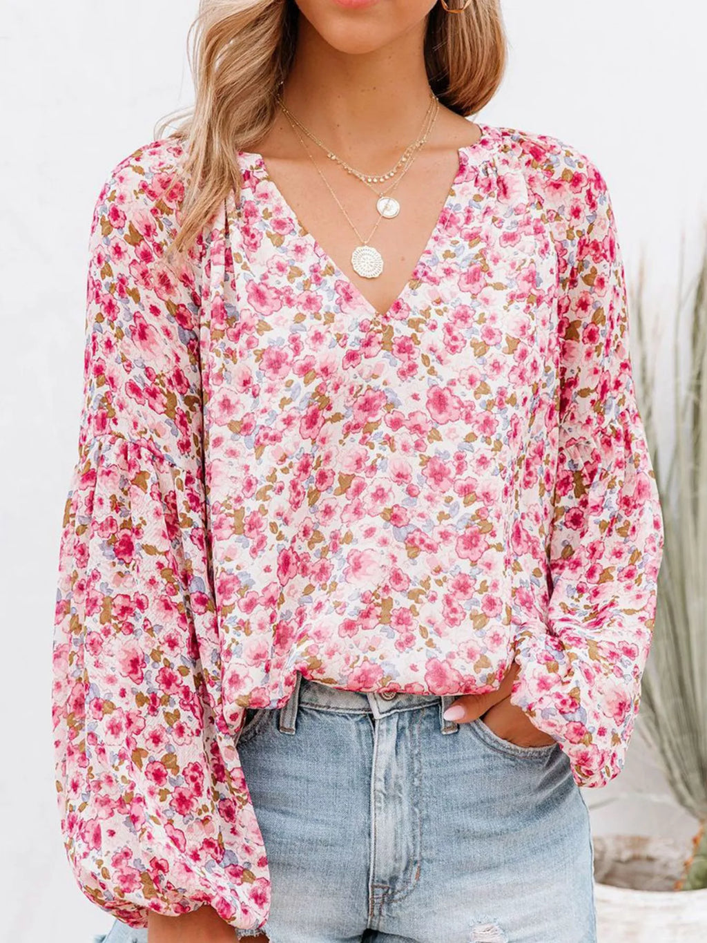 Full Size Floral Print V-Neck Long Sleeve Blouse Plus Size
