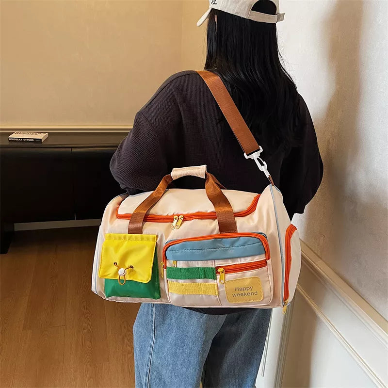 Color Block Pocketed Travel Duffel Bag