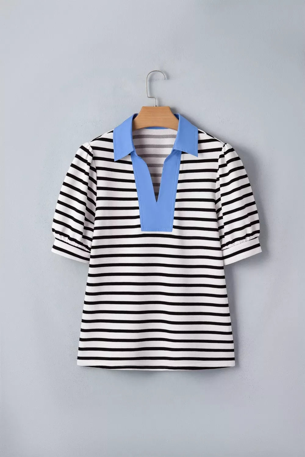 Striped Puff Sleeve Blouse with Contrast Collar