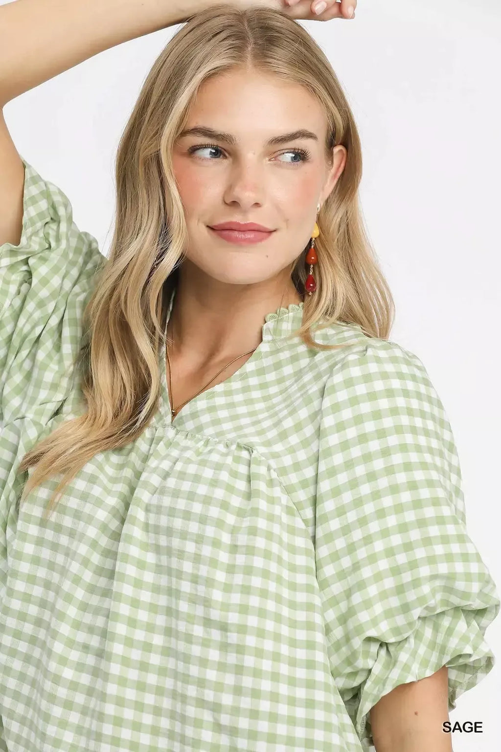 Umgee Gingham Puff Sleeve Babydoll Blouse