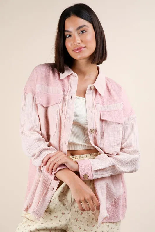 VERY J Mineral Washed Oversized Gauze Shacket