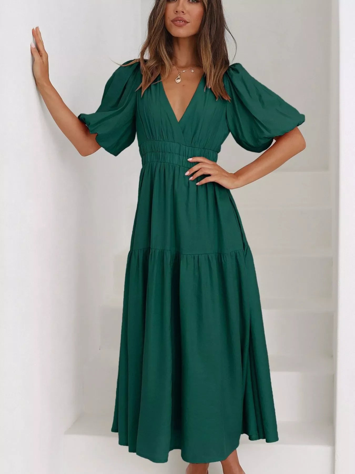 V-Neck Puff Sleeve Midi Dress